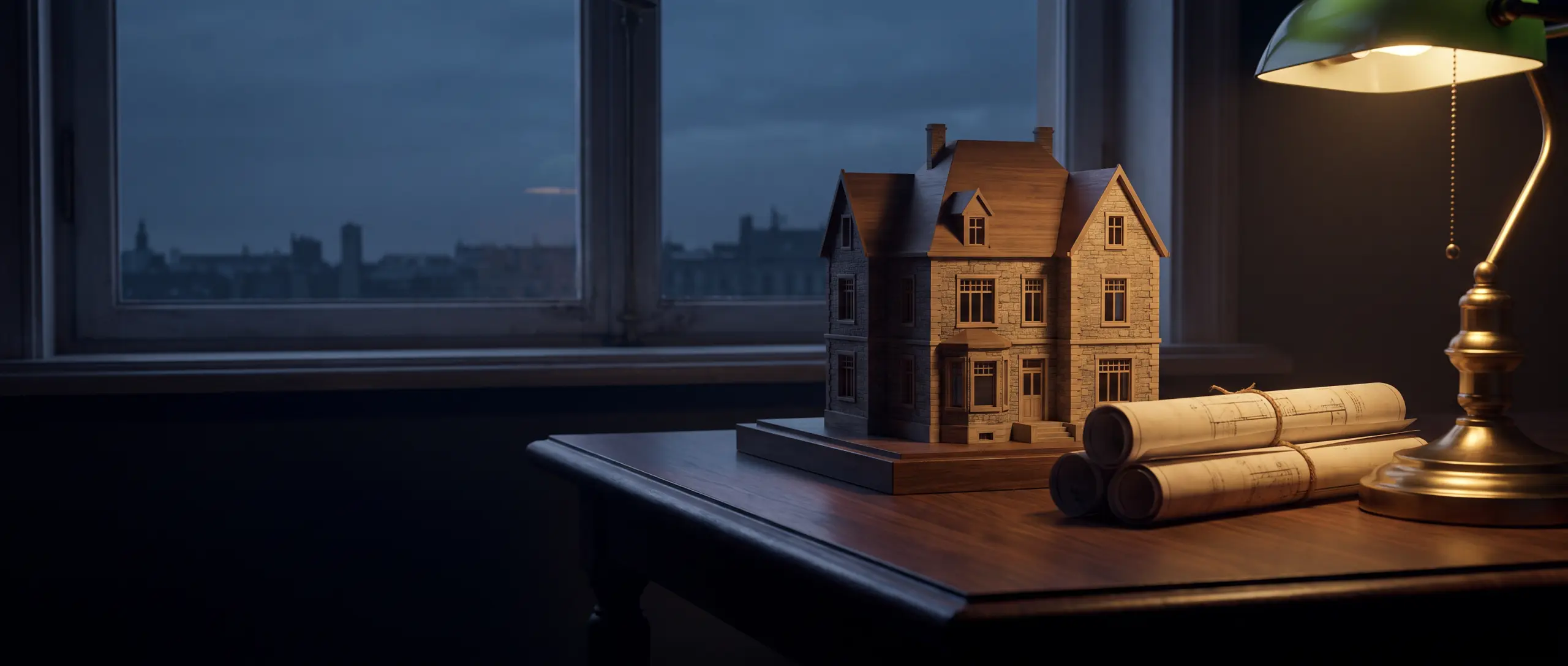 Architect's scale model of a stone residence with rolled plans on a dark table, banker's lamp, dusk